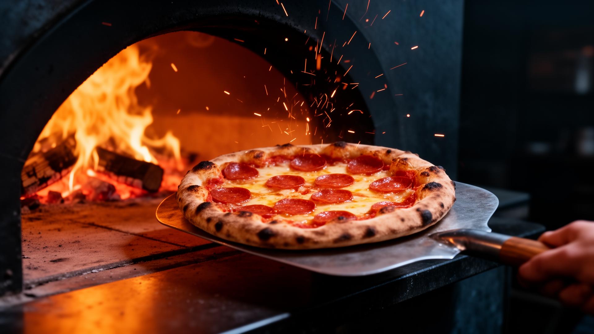 Wood-fired pizza oven with flames